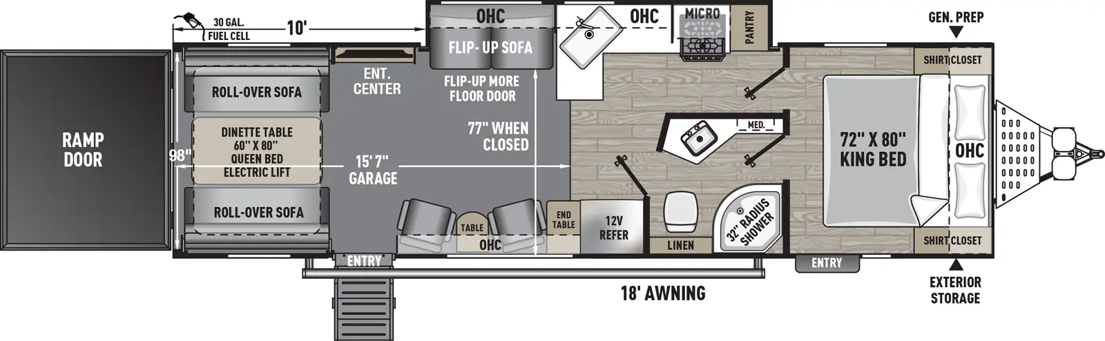 The Adrenaline 29SS floorplan is a toy hauler that has two entries and one slide out. Exterior features include: fiberglass exterior and 18' awning. Interiors features include: front bedroom and rear bedroom.